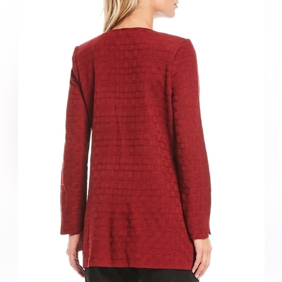 Misook Rapture Knit Jacket Oversized Red Textured Black Vegan Leather Trim Small - Picture 2 of 11